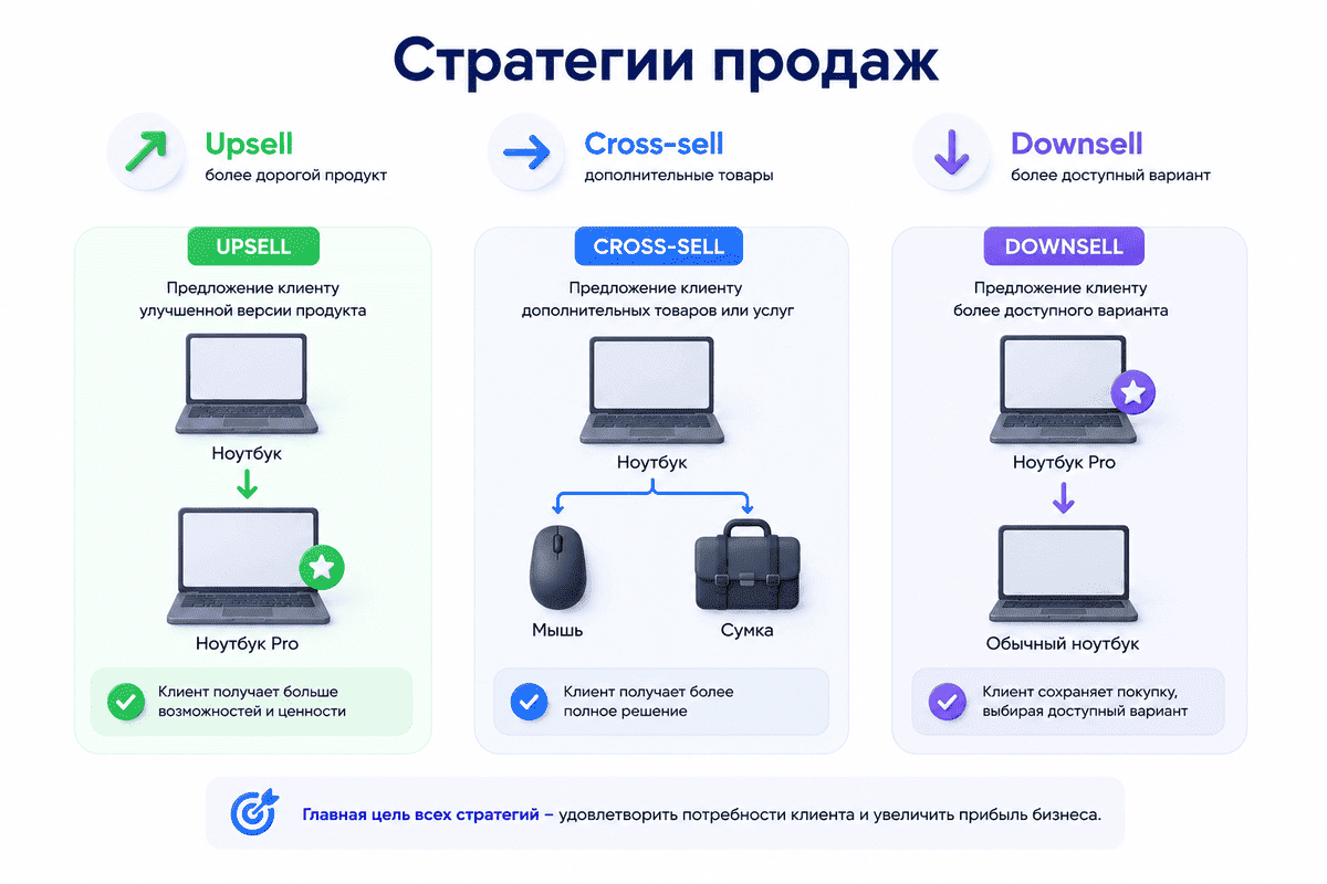 Сравнение стратегий продаж Upsell, Cross-sell и Downsell с примерами: предложение более дорогого продукта, дополнительных товаров и более доступной альтернативы
