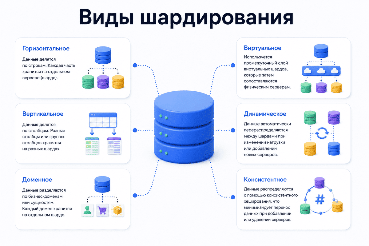 Виды шардирования баз данных Основные виды шардирования: горизонтальное, вертикальное, доменное, виртуальное, динамическое и консистентное шардирование