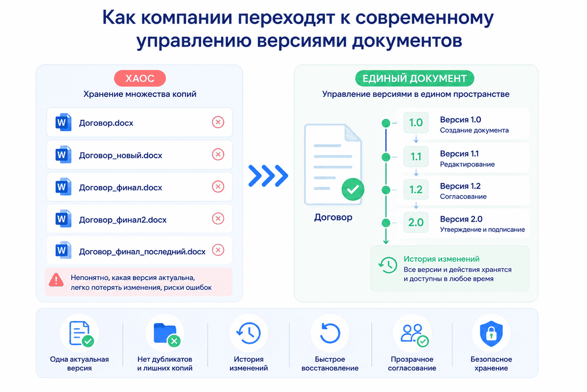 Переход от хранения копий файлов к системе контроля версий документов с единой историей изменений