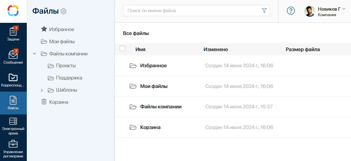 Раздел с файлами компании, доступными пользователю, в интерфейсе ELMA365 CSP