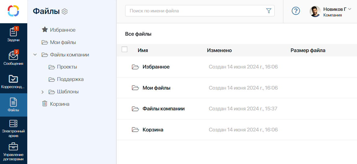 Раздел с файлами компании, доступными пользователю, в интерфейсе ELMA365 CSP