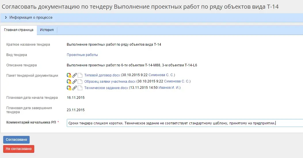 Пример задачи «Согласовать документацию» в процессе проведения тендера