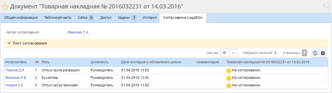 Вкладка «Согласование LegalDoc» в карточке документа в системе ELMA