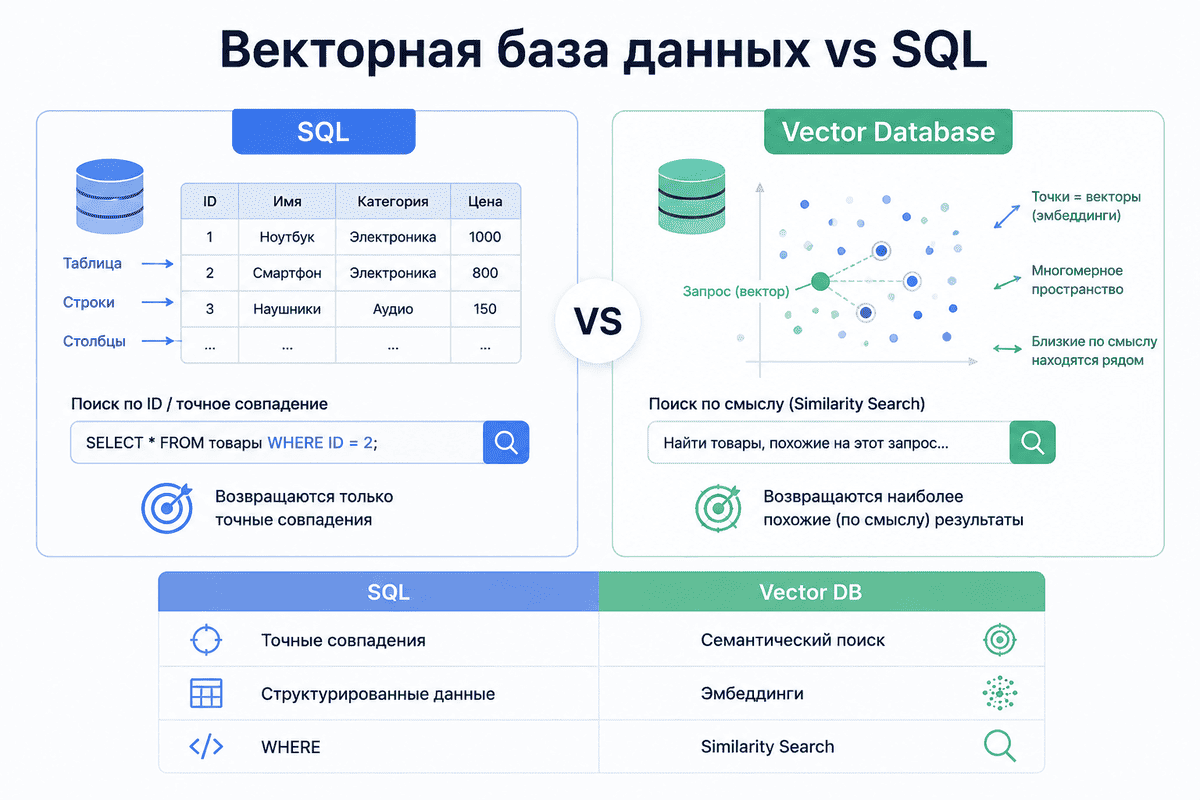 Векторная база данных vs SQL: основные отличия, поиск по смыслу и эмбеддинги Инфографика: векторная база данных (Vector Database) vs SQL. SQL предназначена для хранения структурированных данных и точного поиска по ID (WHERE), а векторная база данных — для хранения эмбеддингов, семантического поиска (Similarity Search) и работы с AI, RAG и LLM.
