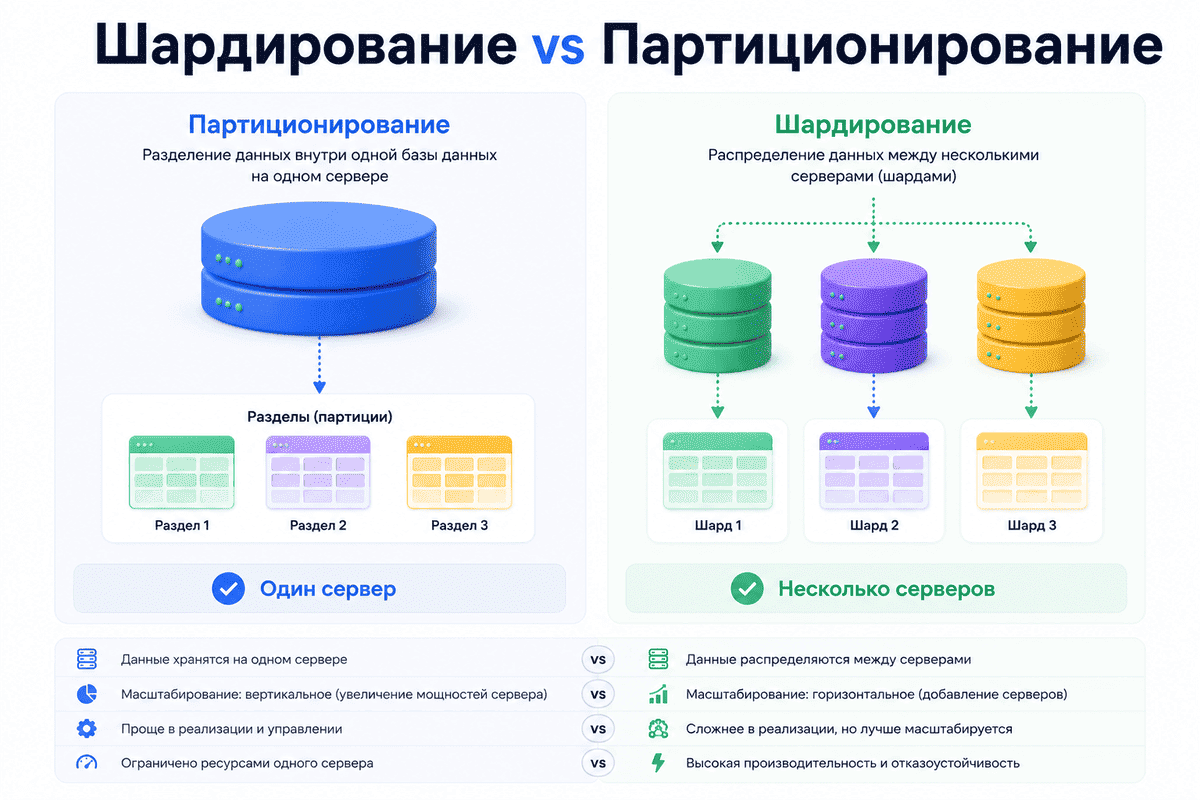 Шардирование и партиционирование: основные отличия Сравнение шардирования и партиционирования базы данных: один сервер с разделами и несколько серверов с распределенными данными