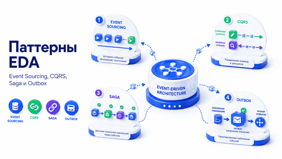 Паттерны событийной архитектуры Event Sourcing, CQRS, Saga и Transactional Outbox