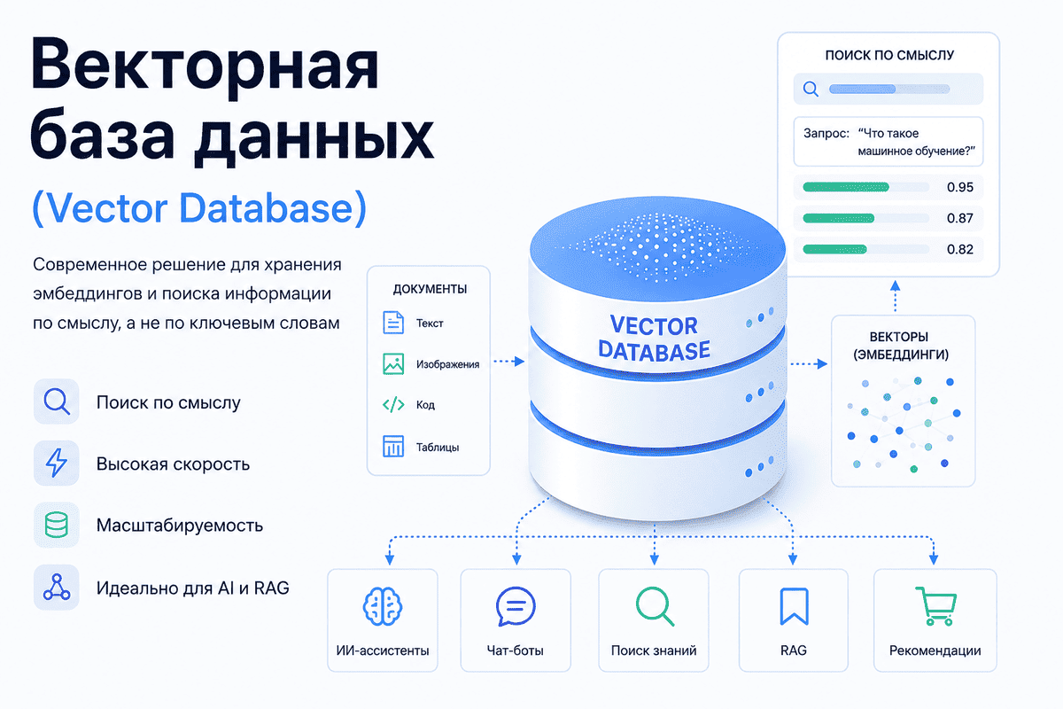 Векторная база данных (Vector Database): поиск по смыслу, эмбеддинги и RAG Схема работы векторной базы данных (Vector Database): хранение эмбеддингов, поиск по смыслу, семантический поиск, AI, RAG и поиск ближайших векторов.