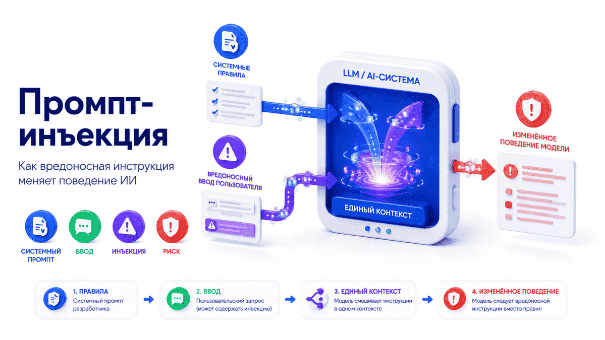 Промпт-инъекция: схема атаки на LLM через вредоносную инструкцию
