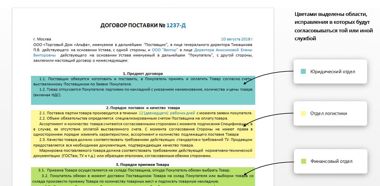 Договор в ELMA на этапе внесения правок различными подразделениями компании