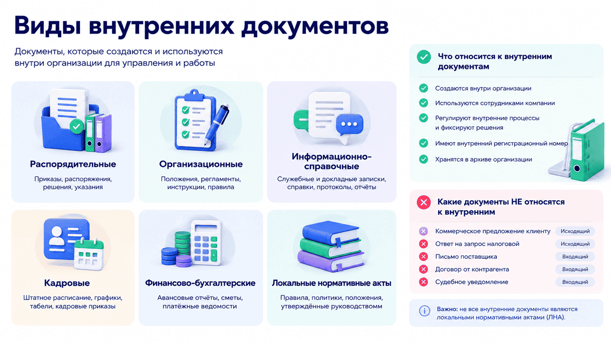 Виды внутренних документов организации: распорядительные, организационные, информационно-справочные, кадровые, финансовые документы и локальные нормативные акты