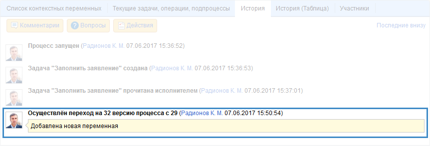 История бизнес-процесса в системе ELMA с записью о его любом изменении
