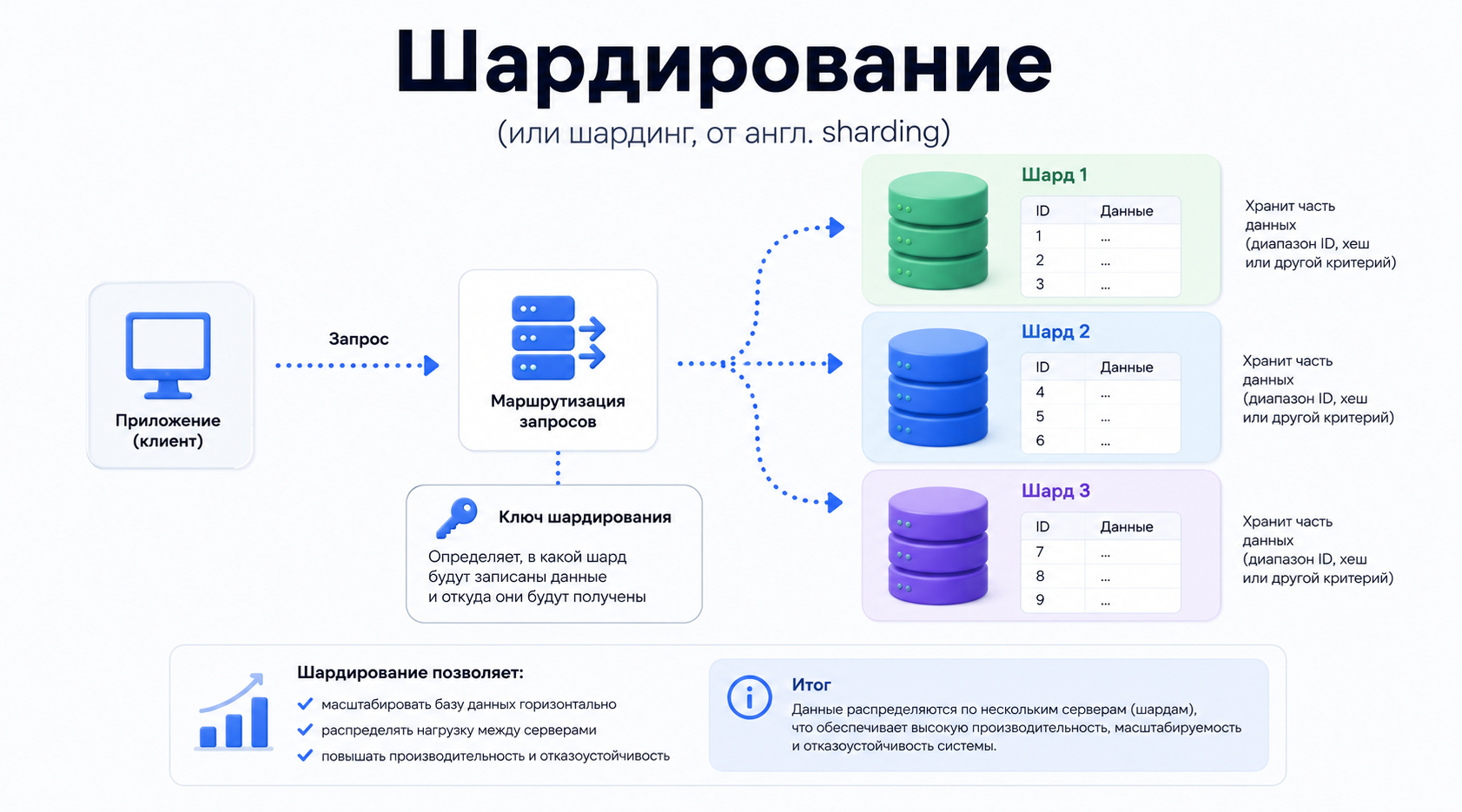 Шардирование баз данных — схема распределения данных между несколькими серверами для горизонтального масштабирования и повышения производительности
