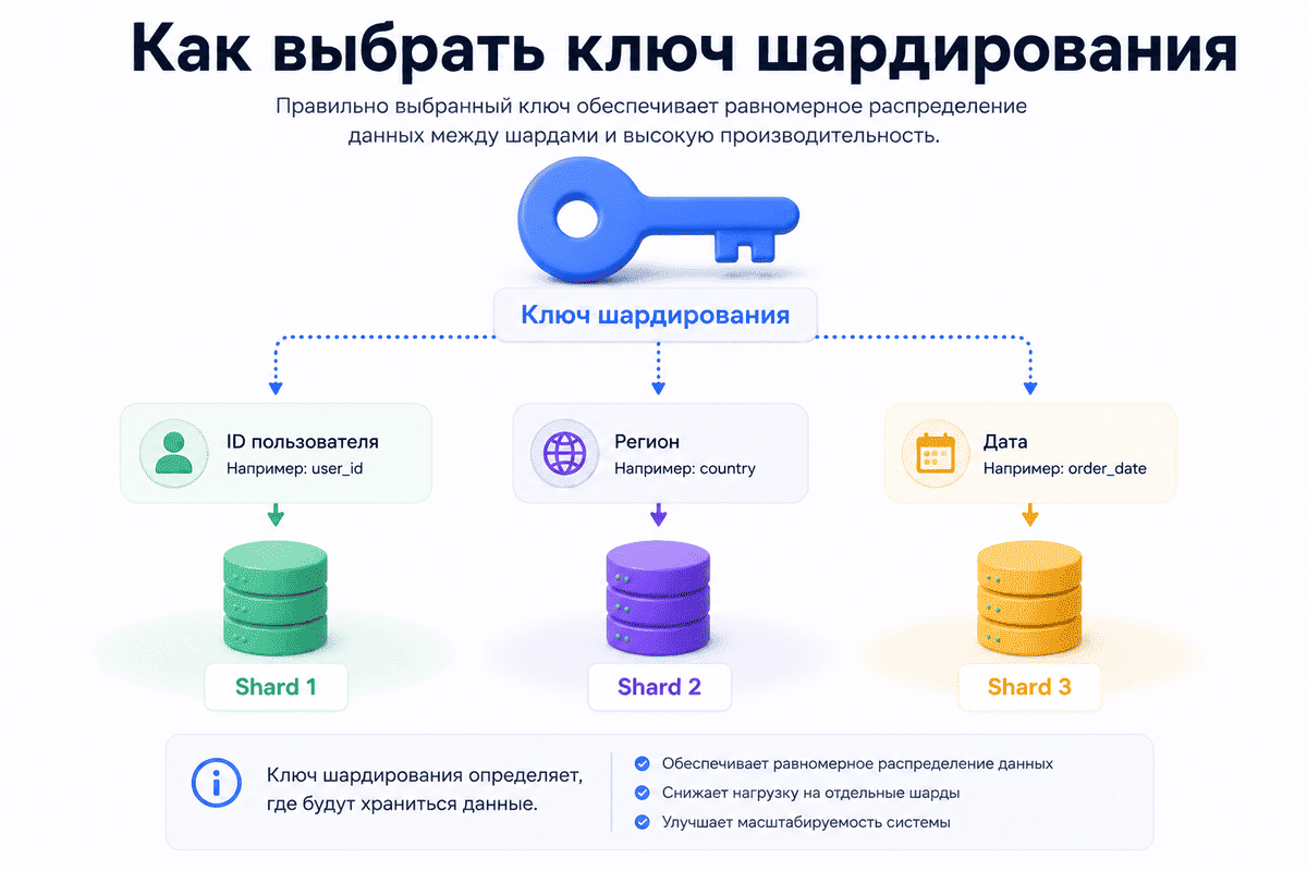 Как выбрать ключ шардирования (Shard Key) Ключ шардирования определяет распределение данных между шардами по ID пользователя, региону или дате
